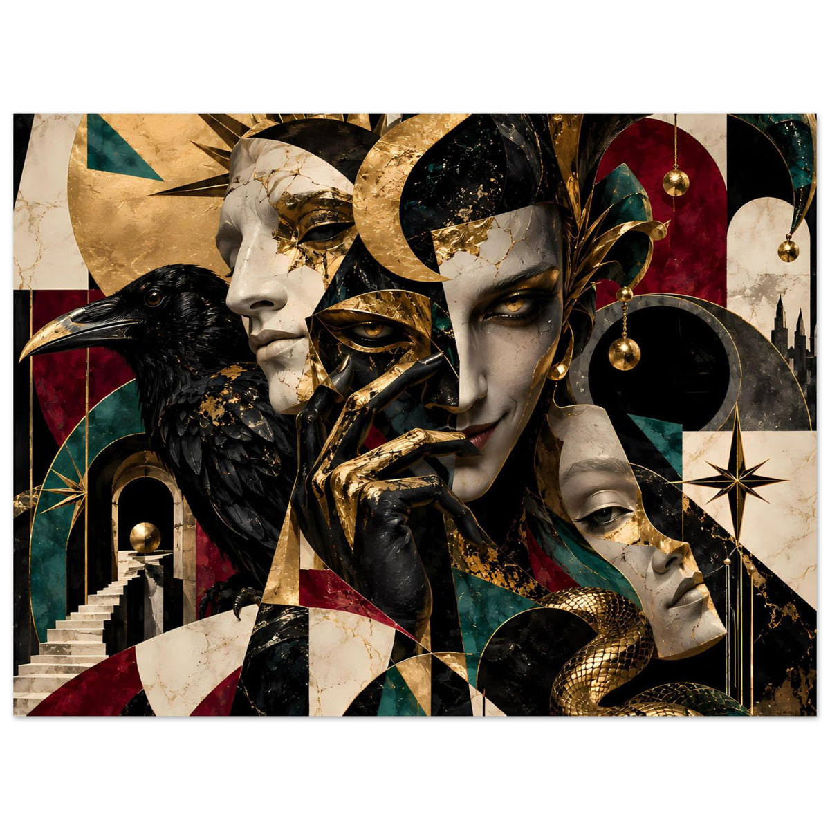 Kunstposter mit Goldakzenten: zwei Maskenporträts, schwarzer Vogel, goldene Schlange, geometrische Formen