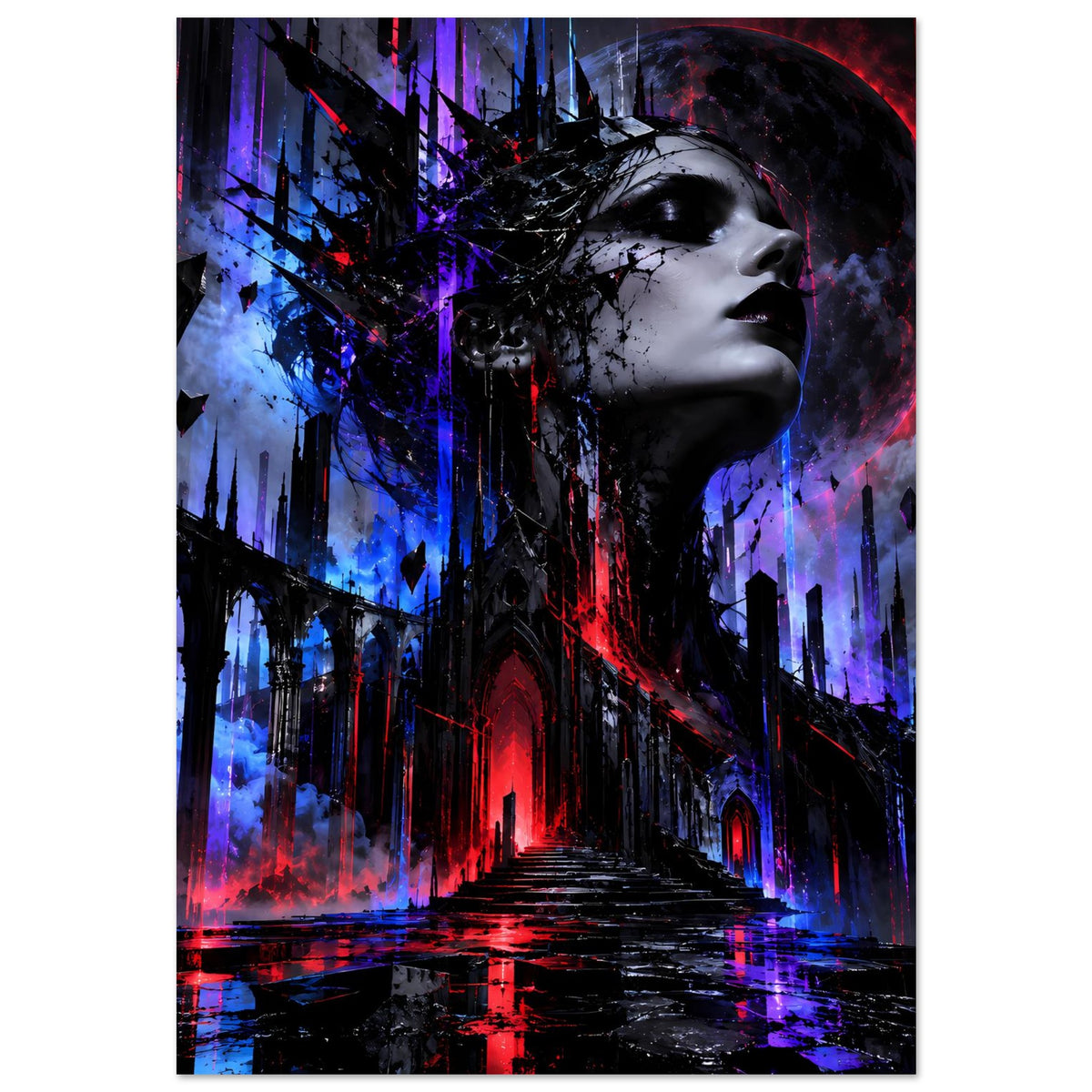 Gothic-Fantasy-Poster: Profil eines Gesichts, schwarze Architektur und Neon-Rot/Blau