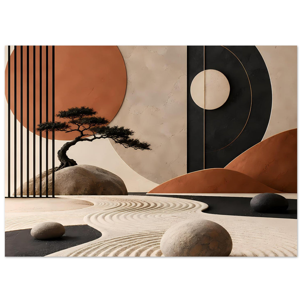 Zen-Poster mit Baumfigur, Kreisornamenten, Sandmustern und dunklen Akzenten