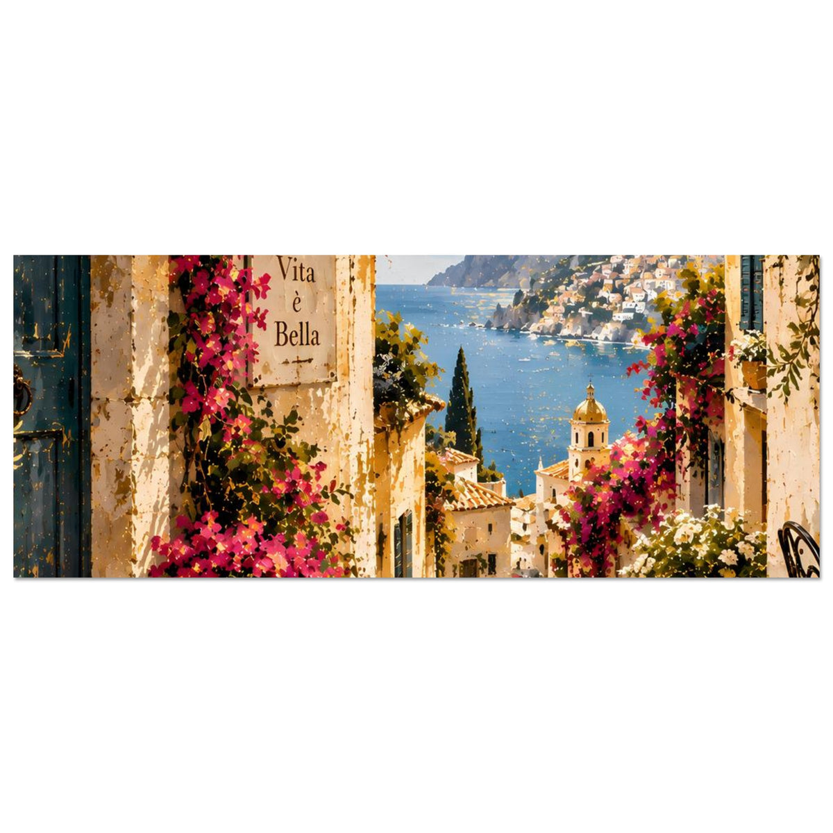 Breites Poster: mediterrane Gasse mit Bougainvillea, See im Hintergrund und Häuserfronten