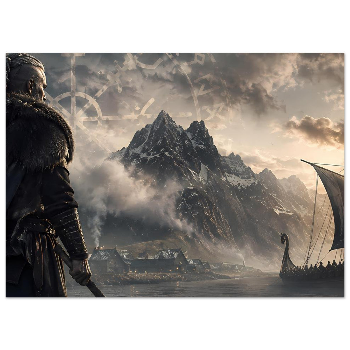 Wikinger-Poster mit Krieger links, Fjordlandschaft, Berge und Langschiff mit Segel rechts.