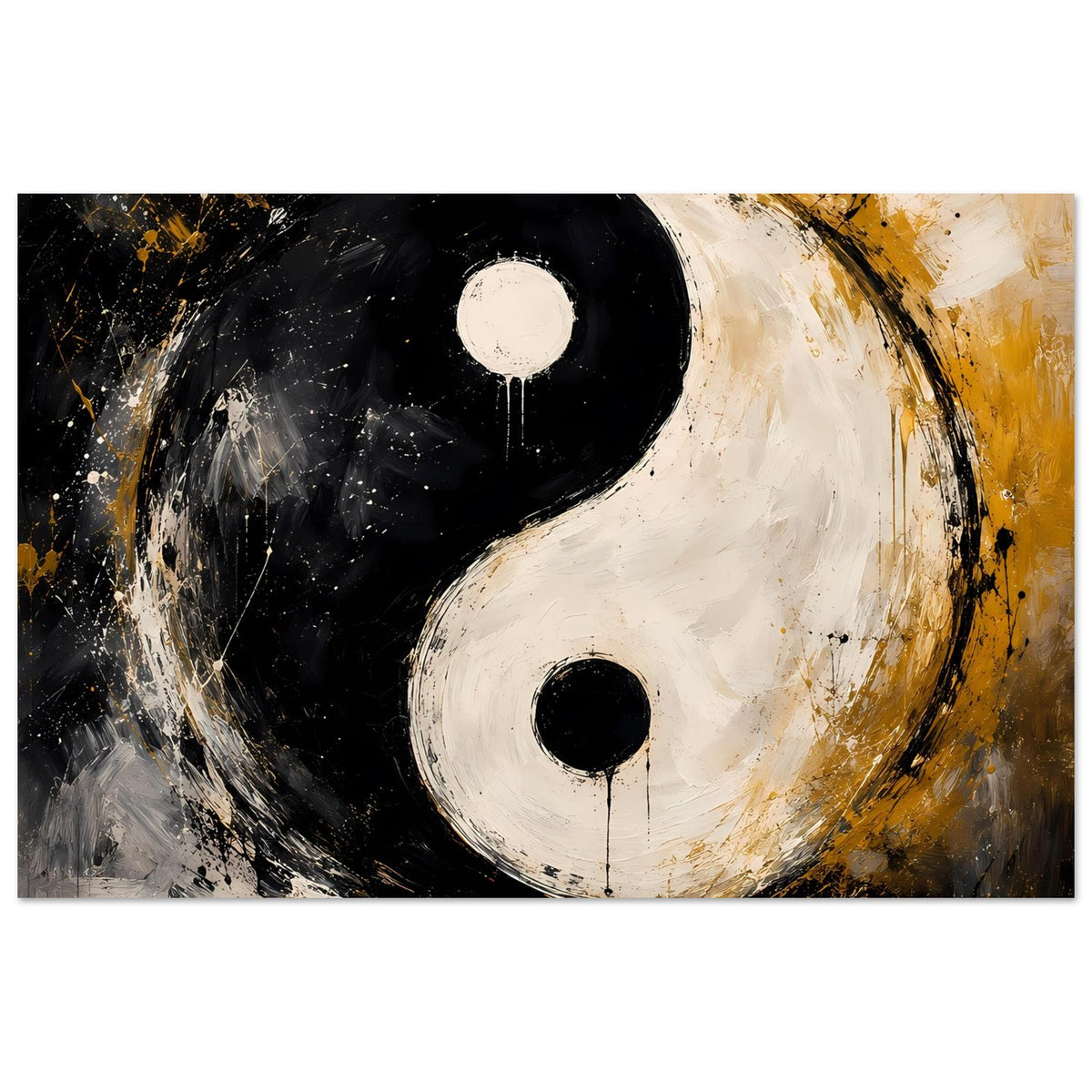 Abstraktes Yin-Yang-Poster mit Yin- und Yang-Form in Schwarz, Weiß und goldenen Akzenten