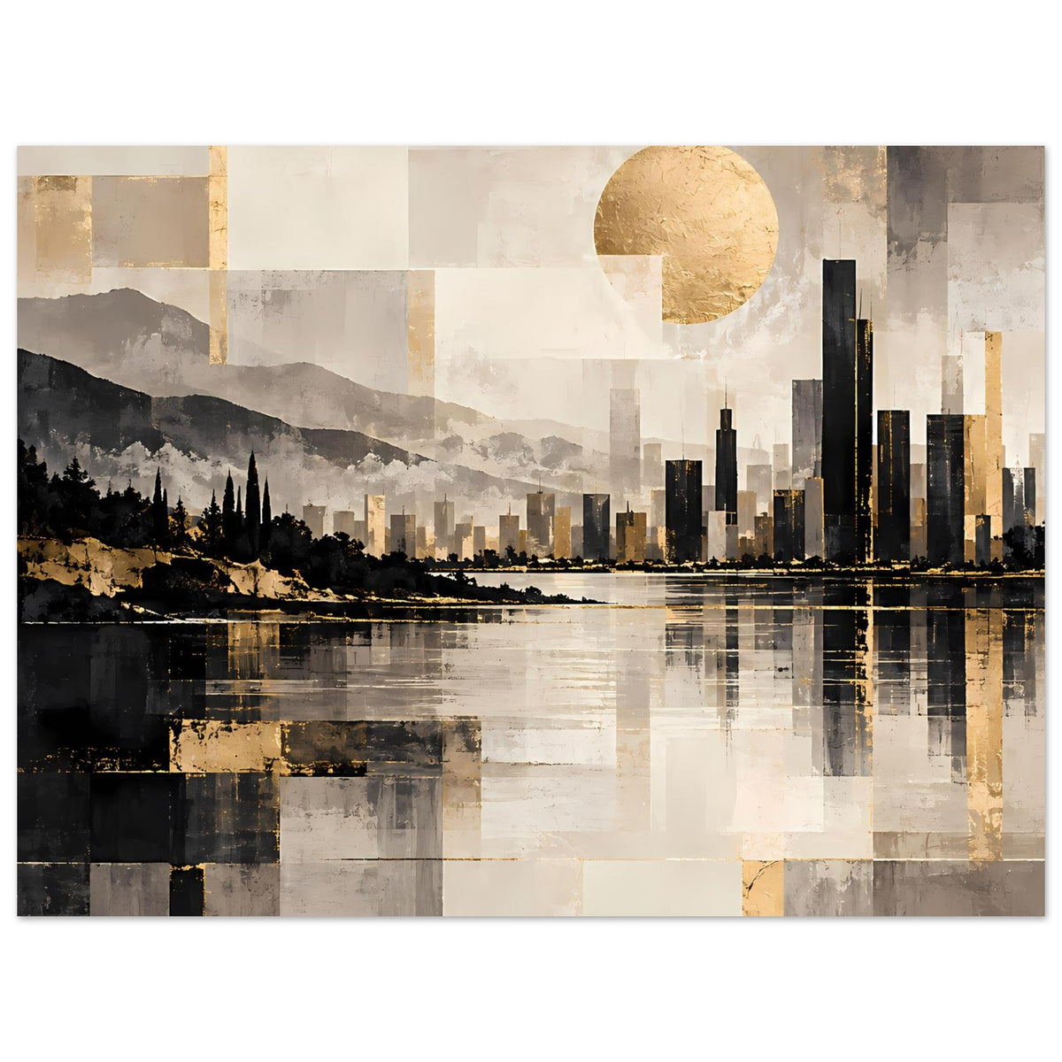 Stadtlandschaftsposter mit goldener Sonne, Skyline und markanten schwarzen Hochhäusern