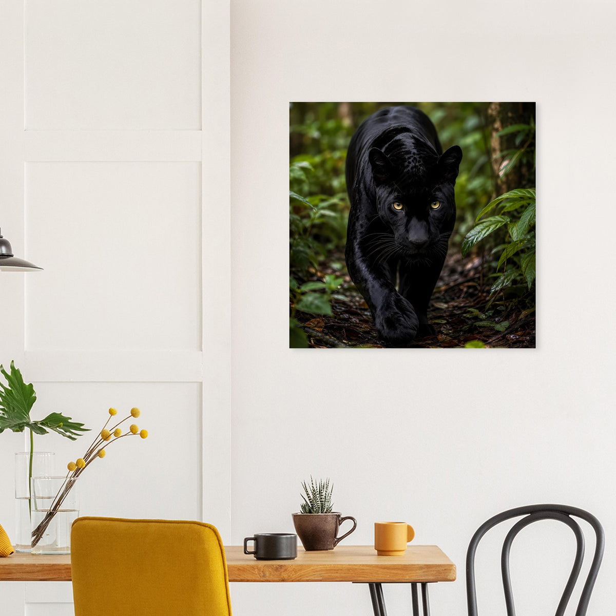 Poster mit schwarzem Pantherkopf, vorne blickend, Dschungelumgebung