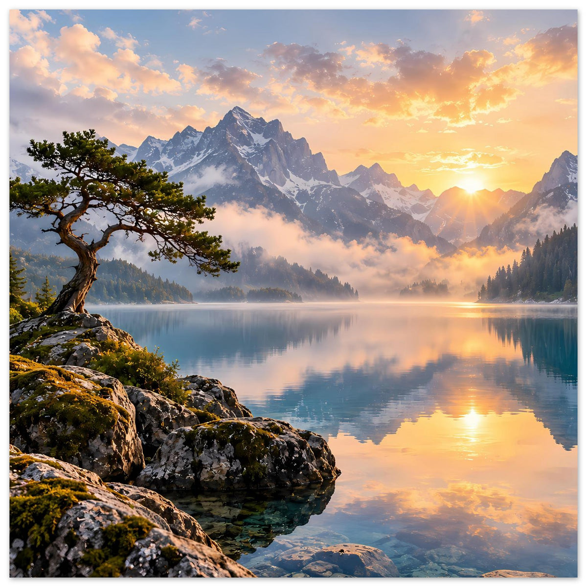 Wandposter mit Sonnenaufgang über Bergen, See im Vordergrund und Baum auf felsigem Ufer
