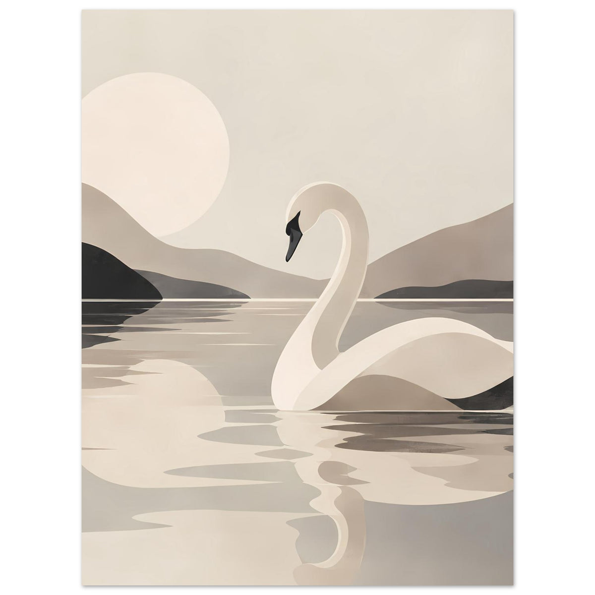 Kunstposter mit Schwan im Wasser, Wasserlinien und Schatten, dunkle Uferformen, große helle Sonne.