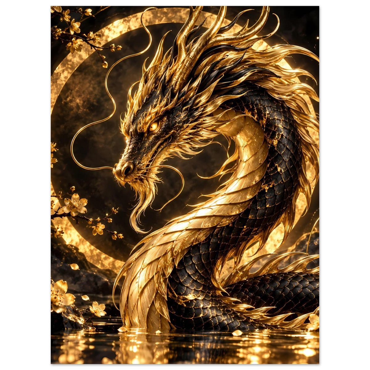Poster mit goldener Drachenfigur in vertikaler Darstellung, Schuppen, Flammenwirbel und Kreislinie