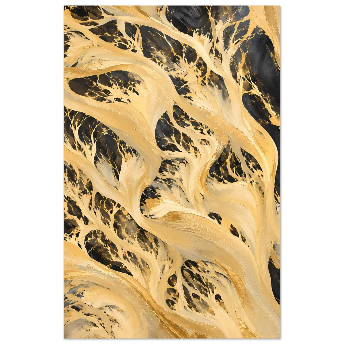 Abstraktes Poster mit gold-schwarzen Marmorwirbeln, Hochformat, breiter Bildausschnitt.