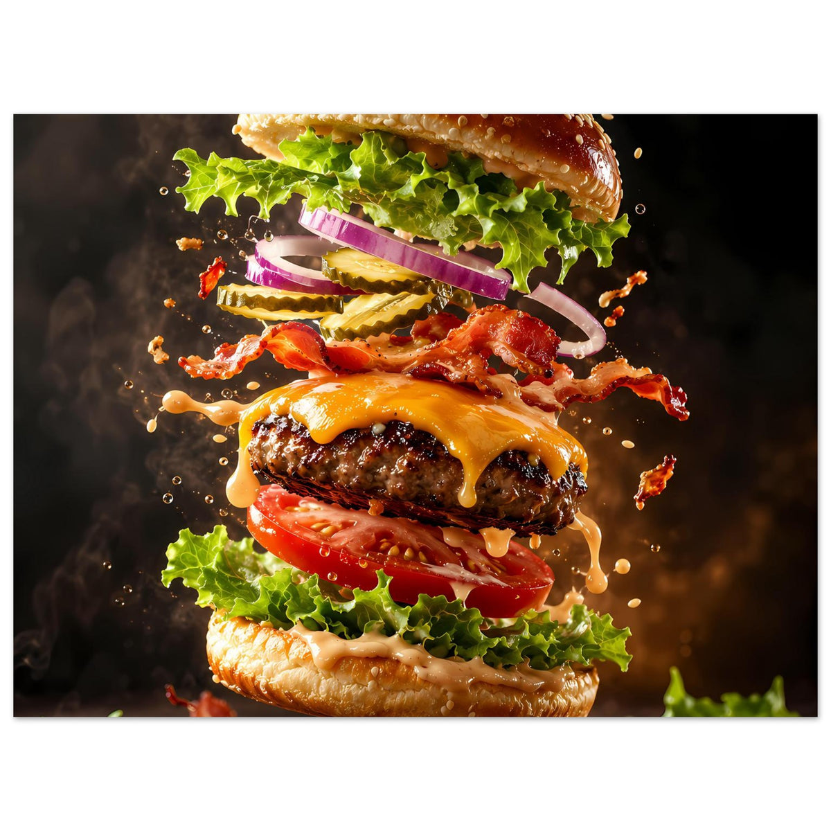 Poster-Ausschnitt mit Burger-Illustration: oberes Teil mit Brötchen, Salat und Käse.
