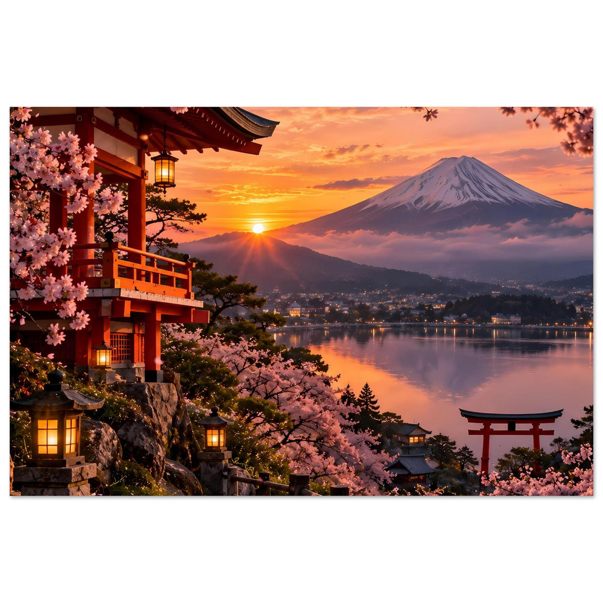 Japanisches Kirschblütenposter mit Tempellaternen, Kirschblüten, Vulkanberg und See