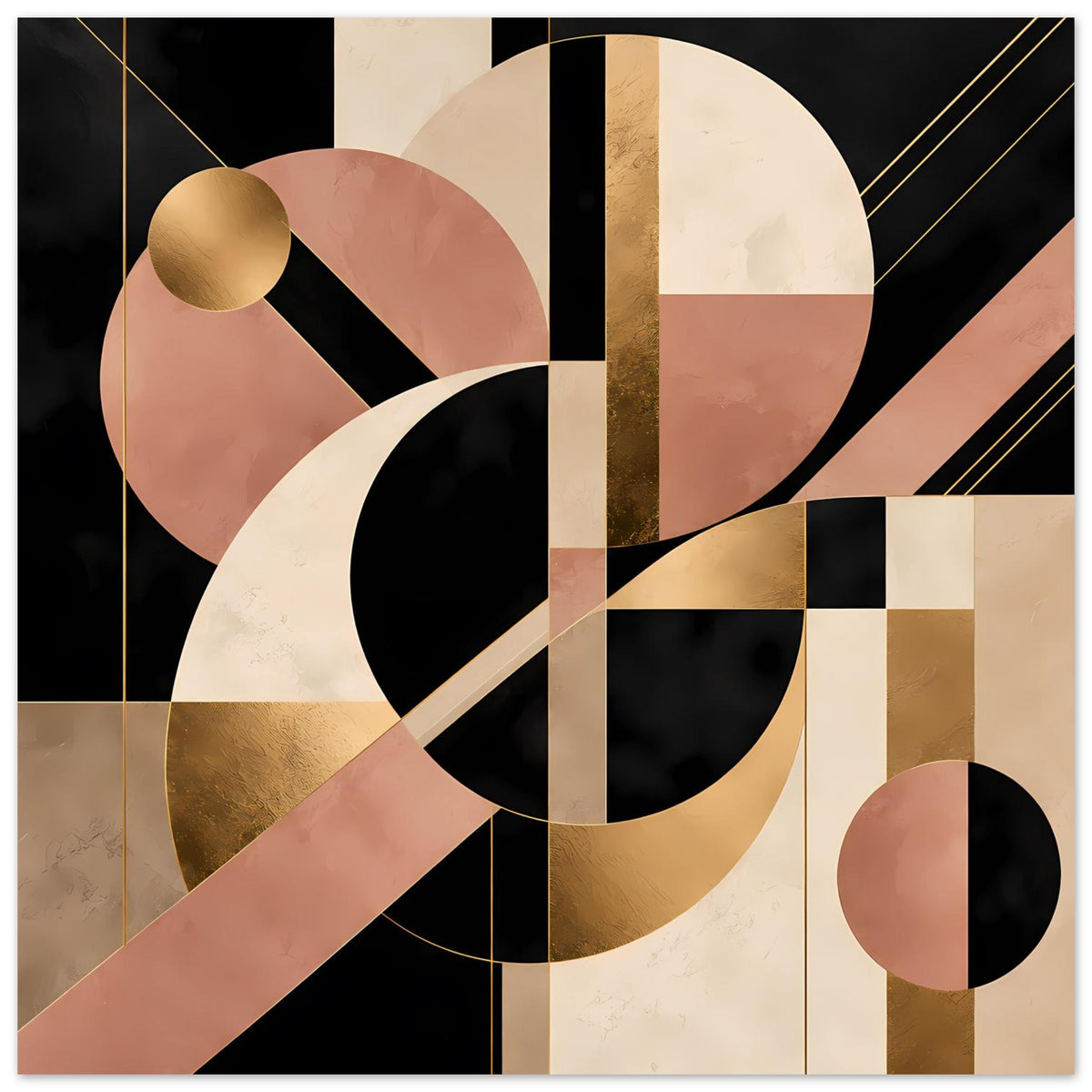 Wandposter mit goldener Kugel, Kreisformen und Linien in Schwarz, Blush und Gold