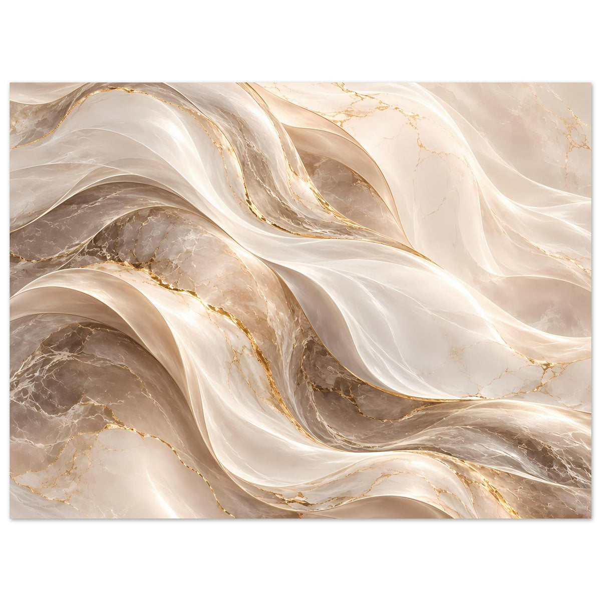 Abstraktes Wellen-Poster in Creme, Gold und Grau, breites Querformat mit sichtbarem Rand