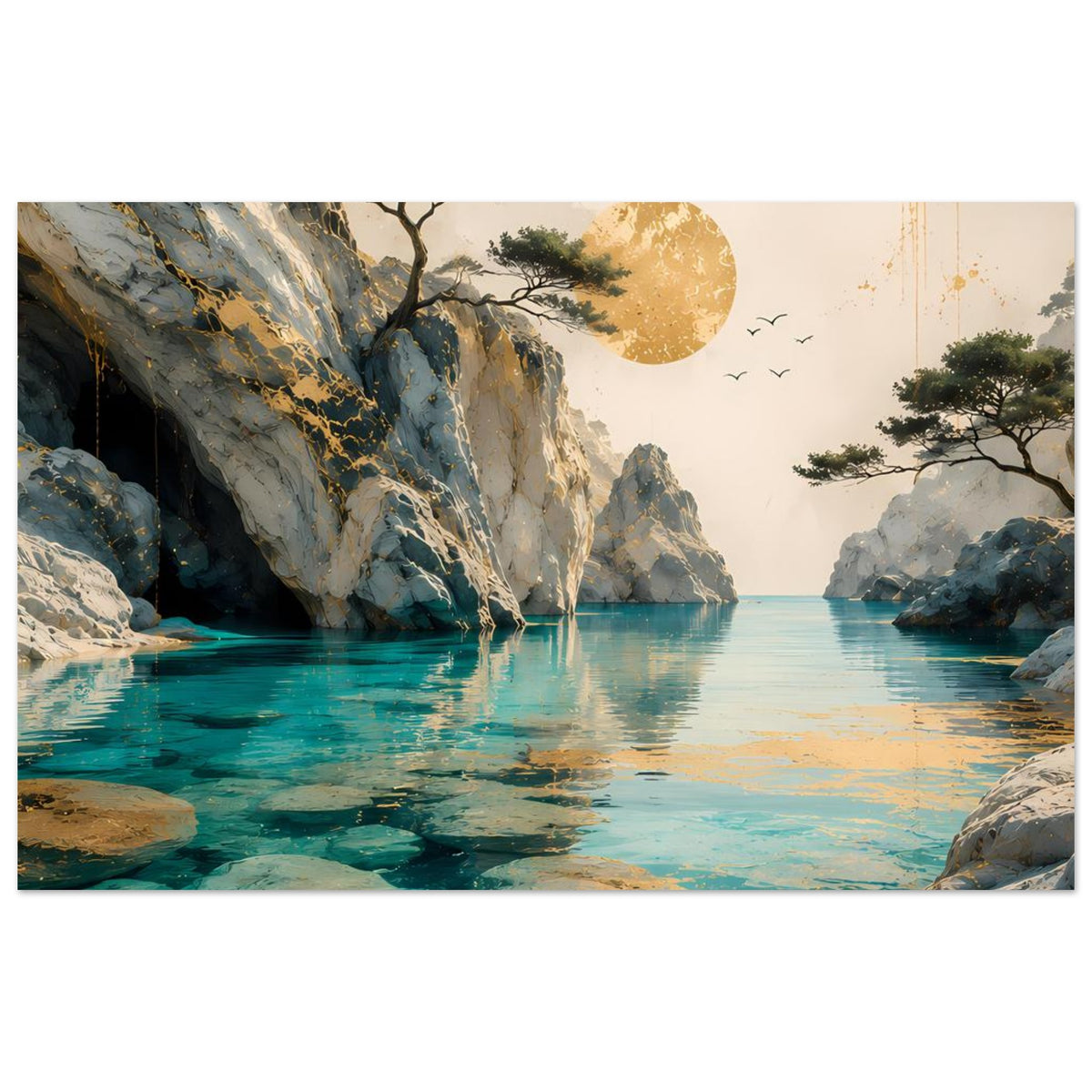 Horizontales Landschaftsposter mit türkisfarbenem Meer, Felswänden, Baum und goldener Sonne