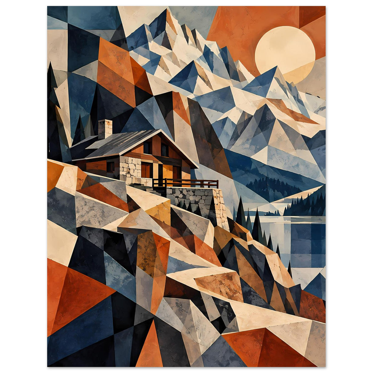 Geometrisches Berglandschafts-Poster: Haus im Vordergrund, Berge in Blau und Rostrot