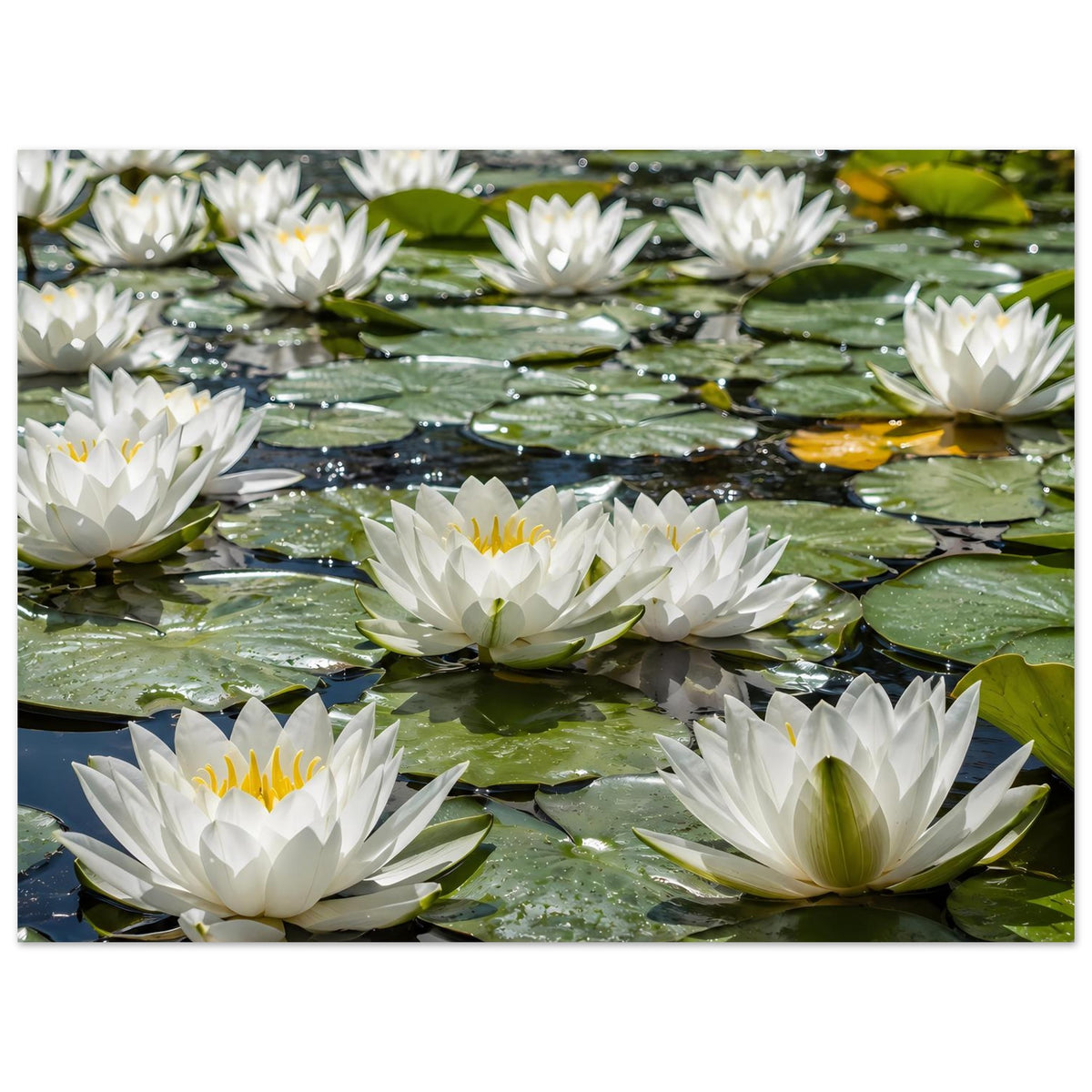 Poster mit weißen Seerosen auf Wasser, klar sichtbare Blüten und grüne Blätter mit Reflexen