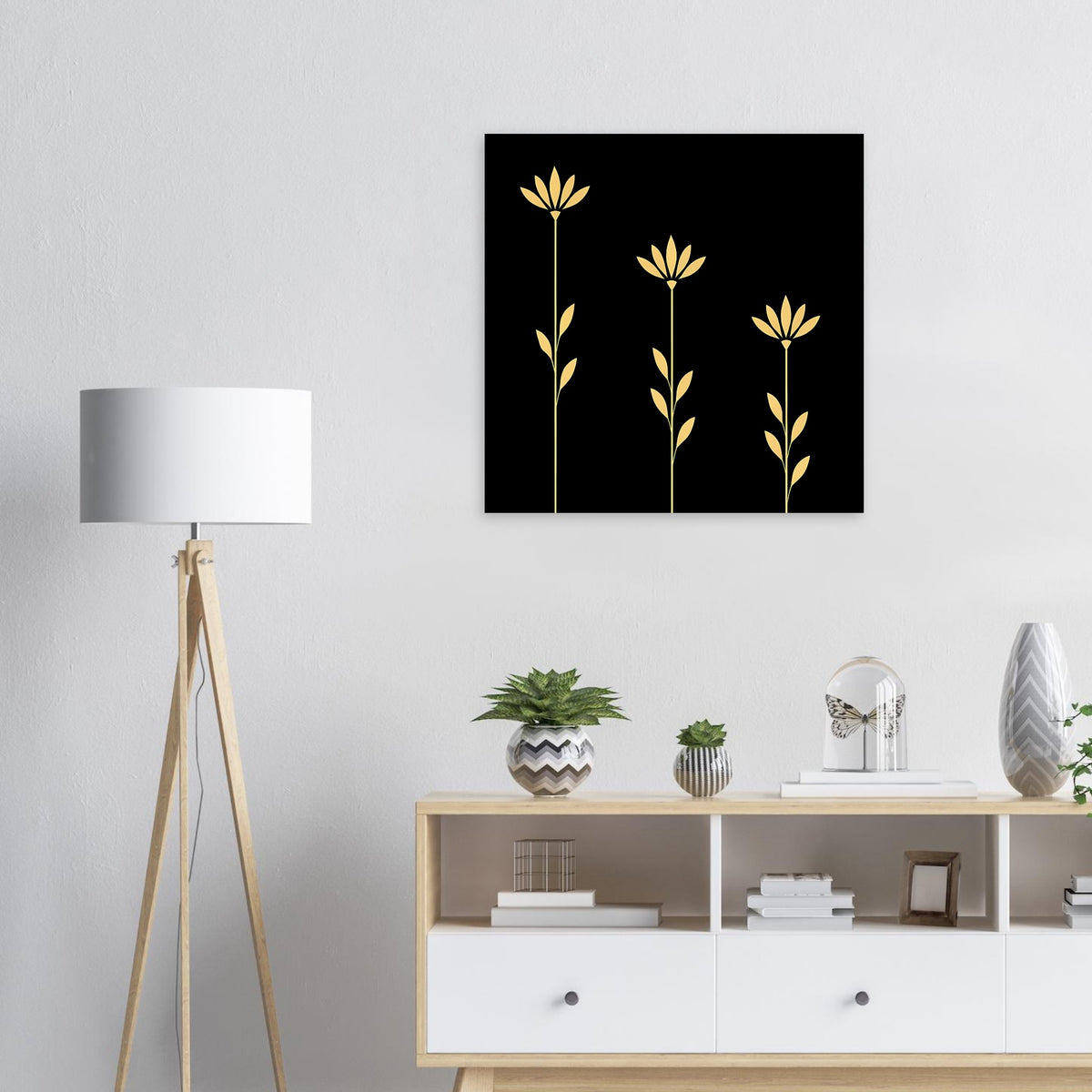 Quadratisches Wandposter mit goldenen Blumen und Blattranken auf schwarzem Hintergrund