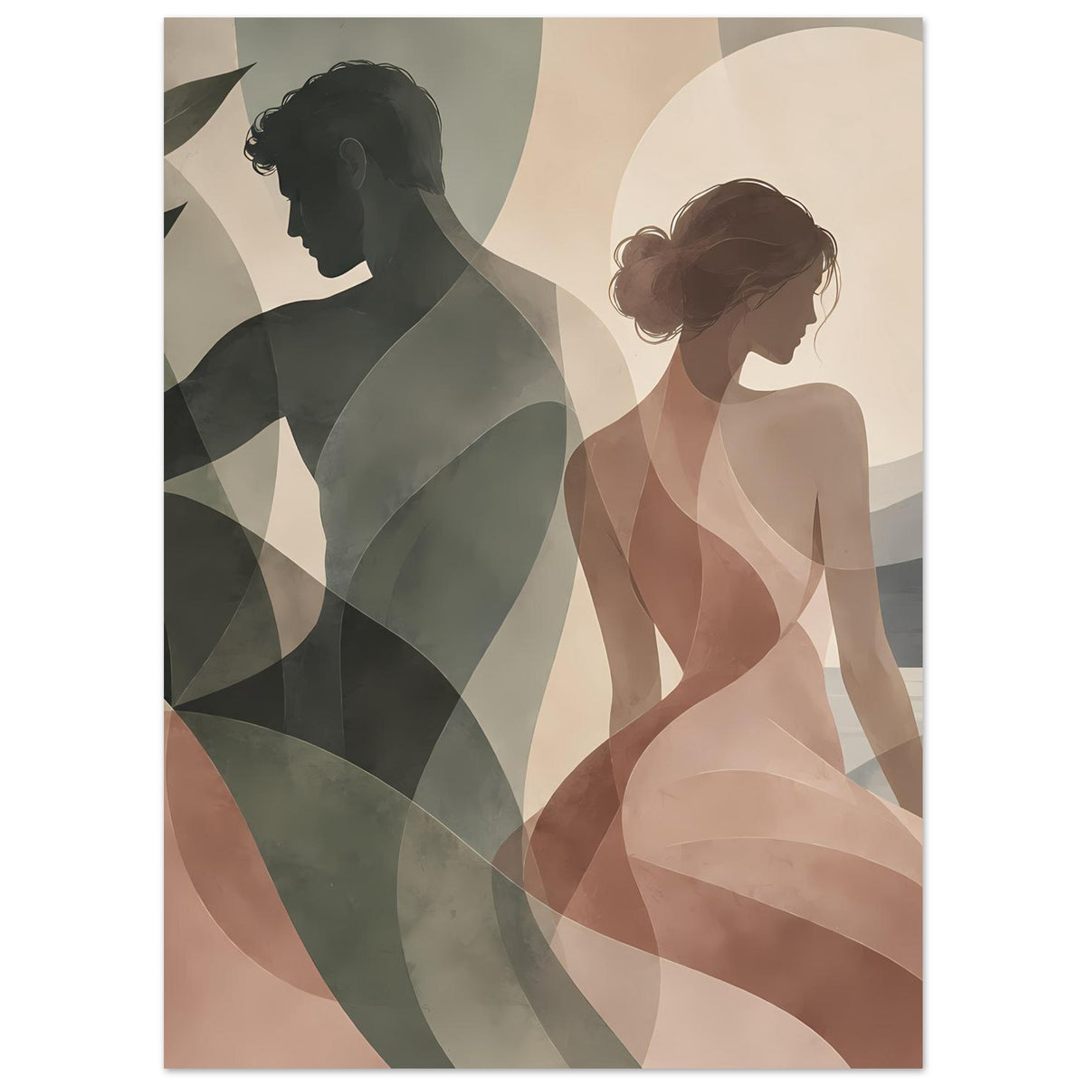 Rechteckiges Motivposter: zwei Frauen-Silhouetten mit Pflanzenformen, Pastellgrün und Rosa
