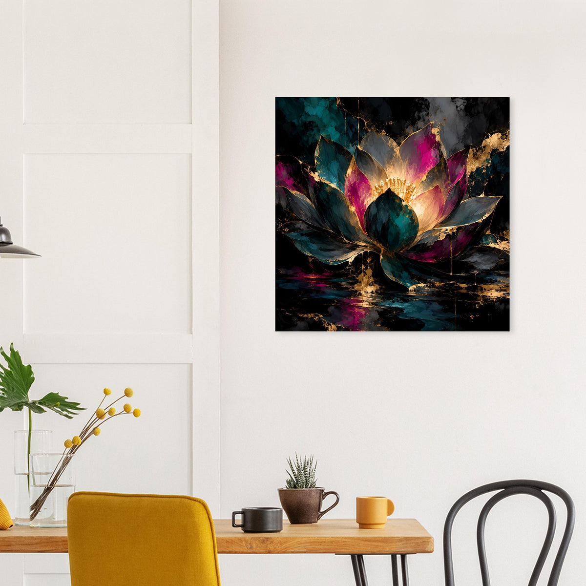 Kunstposter mit Lotusblüte im Goldton-Lichtkranz und mehrfarbigen Blättern