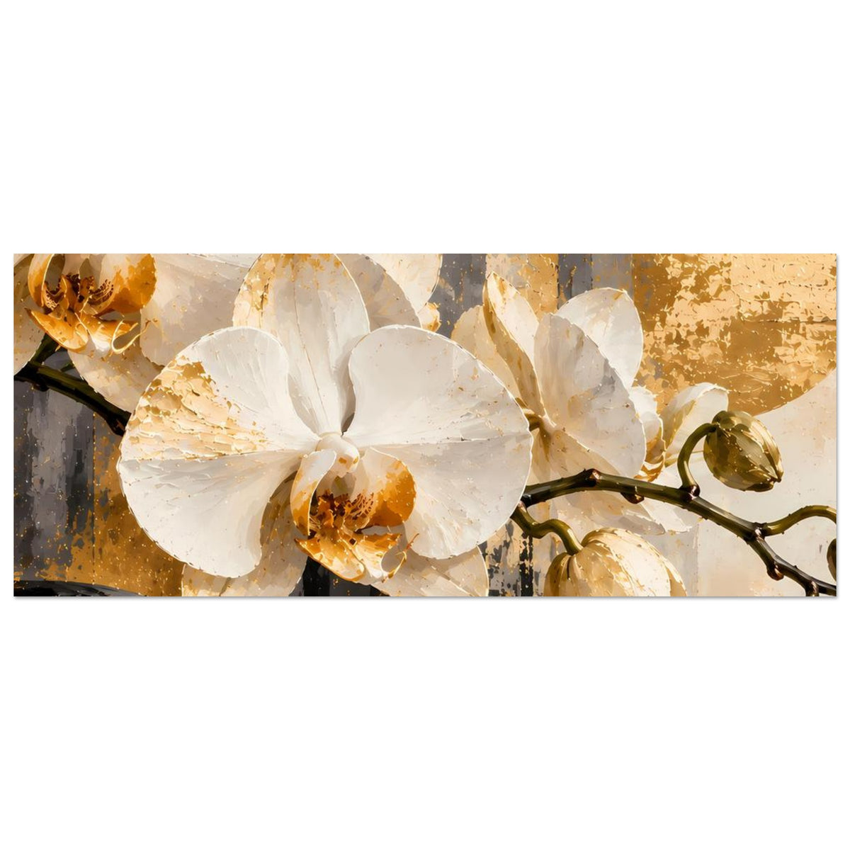 Querformat-Orchideenposter mit weißen Blüten, gold-braunem Farbverlauf und dunklen Formen