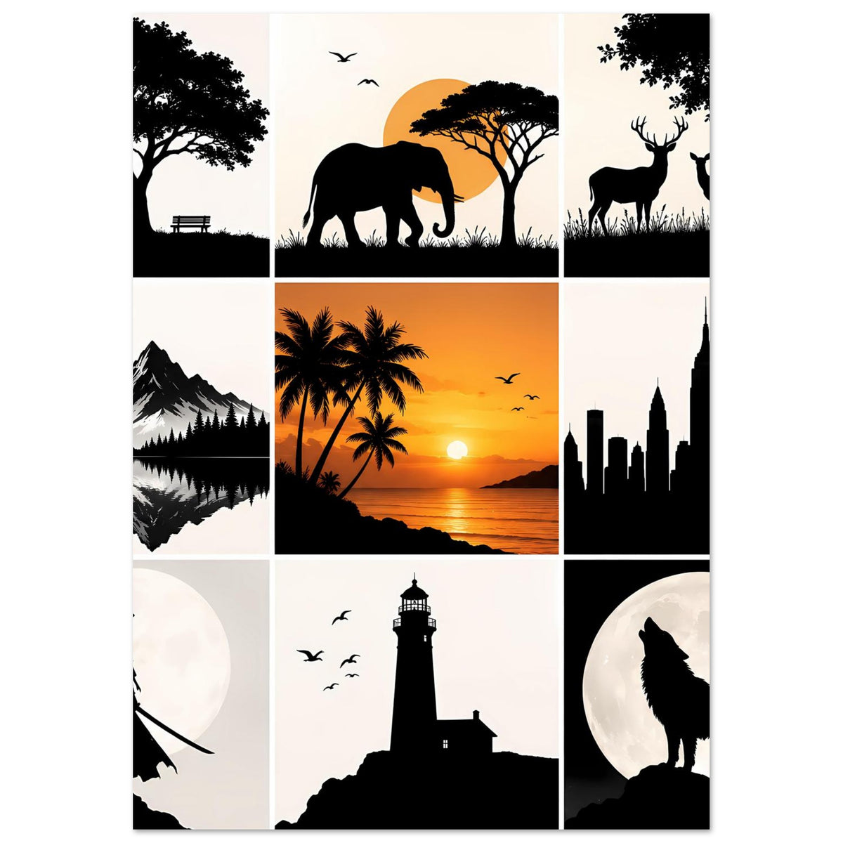 Kunstdruck-Collage: Elefant, Hirsche, Berge, Mondkreise, Leuchtturm und Stadt-Skyline