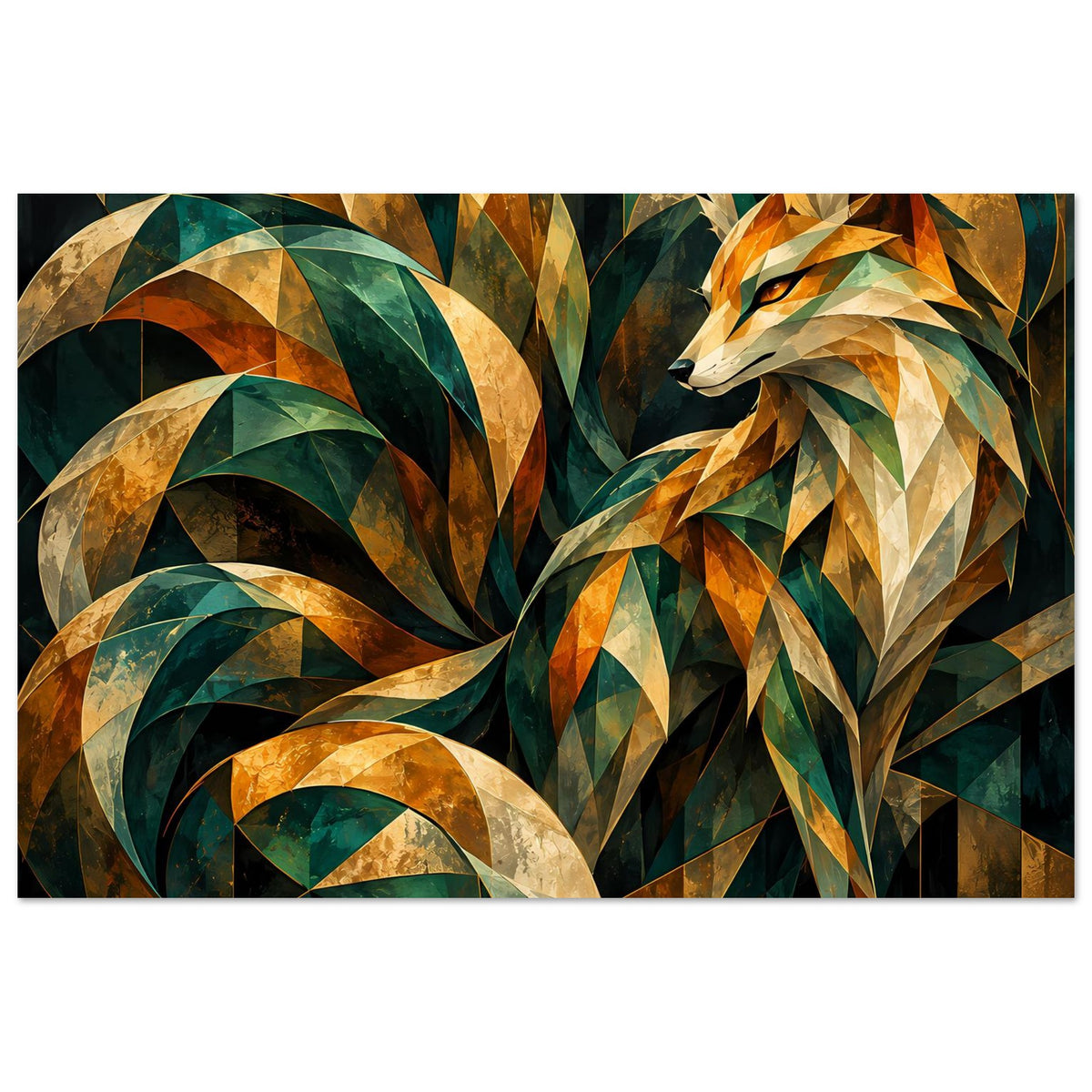 Kunstposter: Fuchs aus Prismaelementen in Smaragdgrün, Gold und Cremeweiß