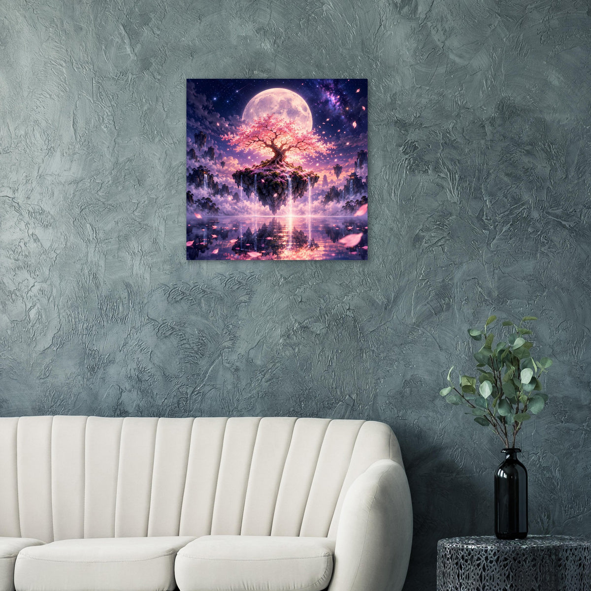 Quadratisches Wandposter mit Kirschblütenbaum unter Vollmond und Sternenhimmel