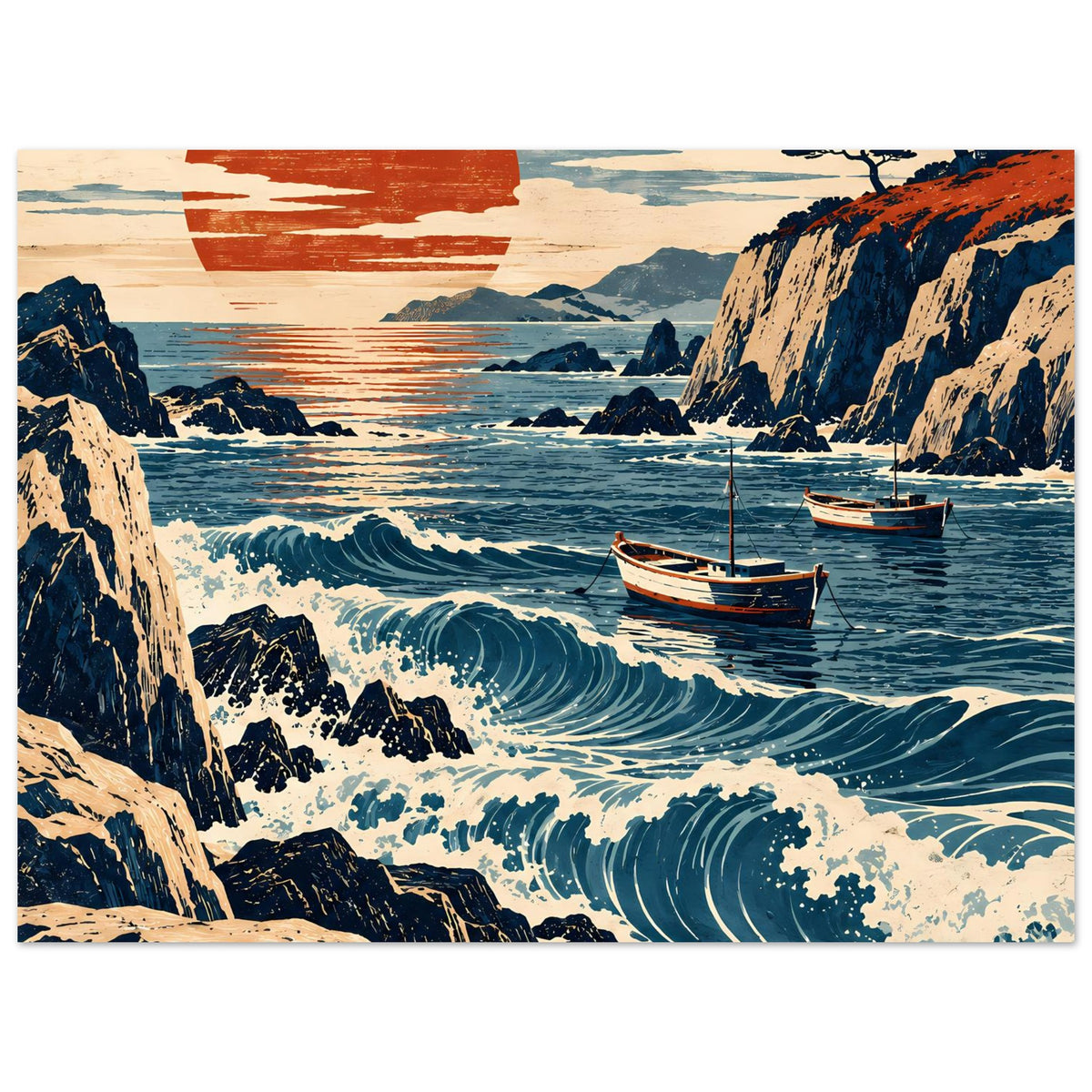Poster mit Küstenlandschaft, orangefarbener Sonne, hohen Klippen, Wellen und Booten