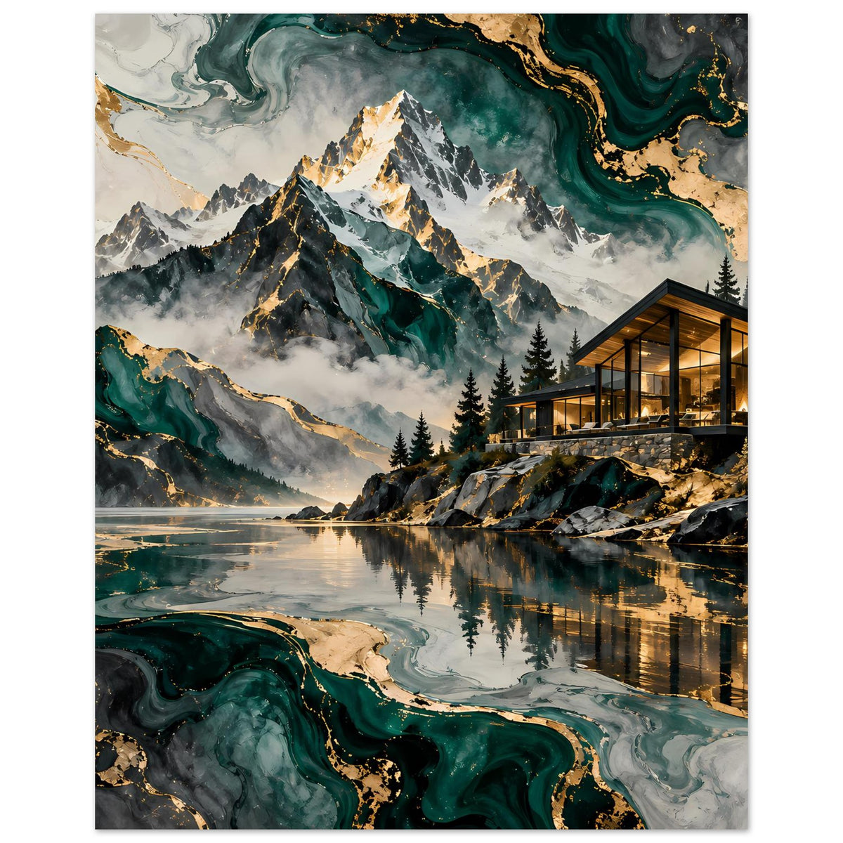 Berglandschafts-Poster mit Bergsee, schneebedeckten Gipfeln, dunklem Nadelwald und beleuchtetem Chalet, goldene Akzente.