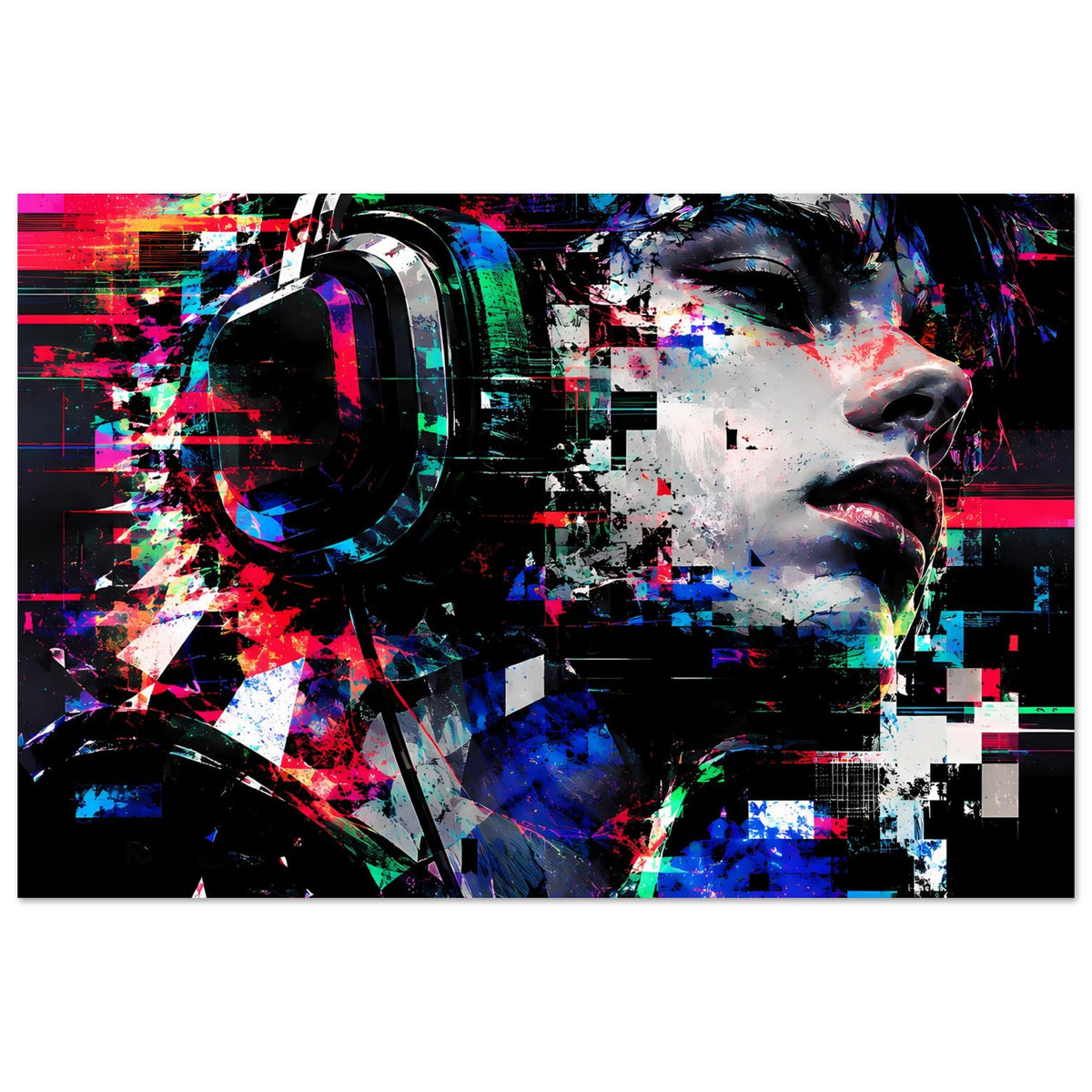 Poster mit abstrakter Gesichts-Grafik, Neonstreifen und Pixelmosaik, Schwarz, Querformat