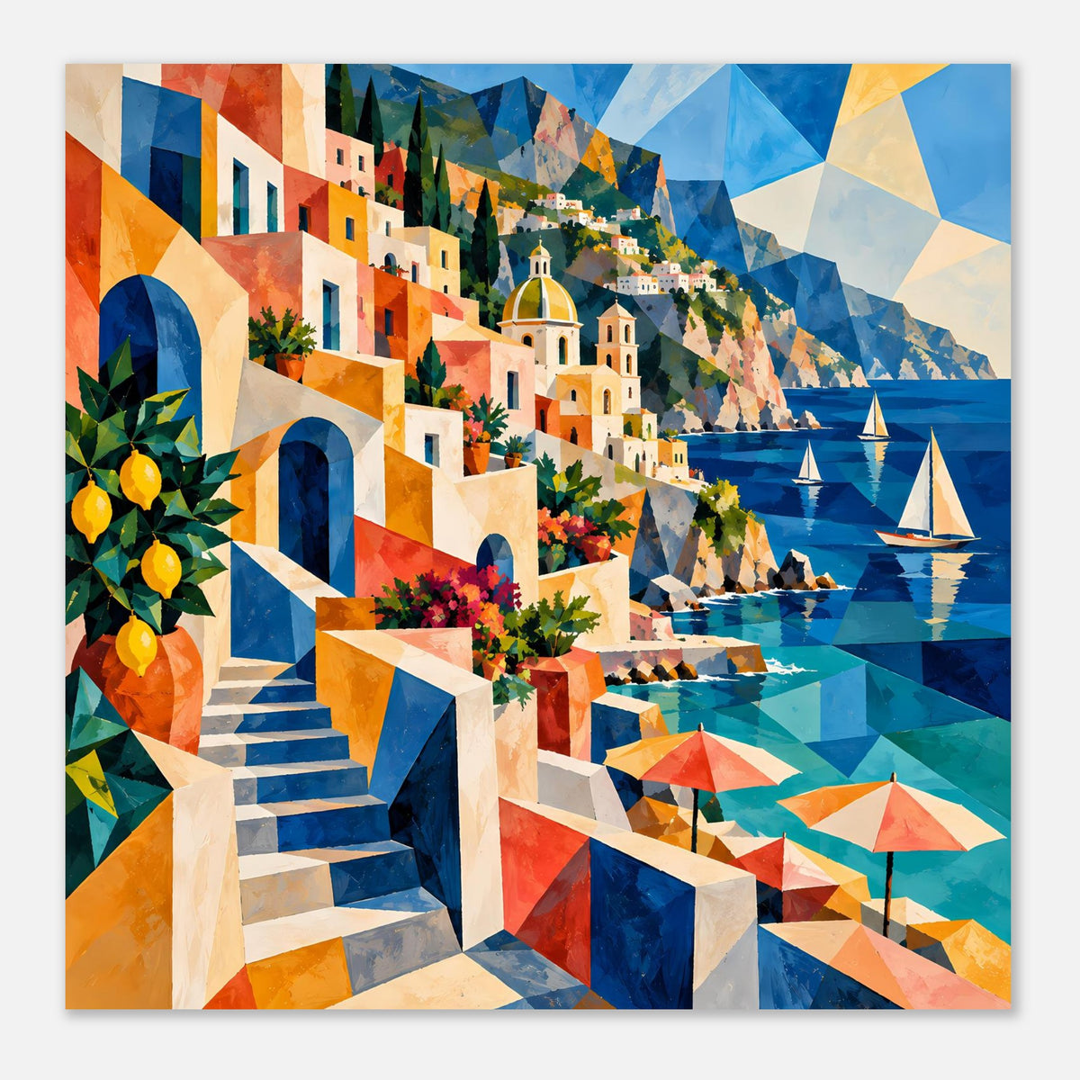 Kunstposter (quadratisch) mit mediterranem Meerblick: Häuser, Treppe, bunte Sonnenschirme