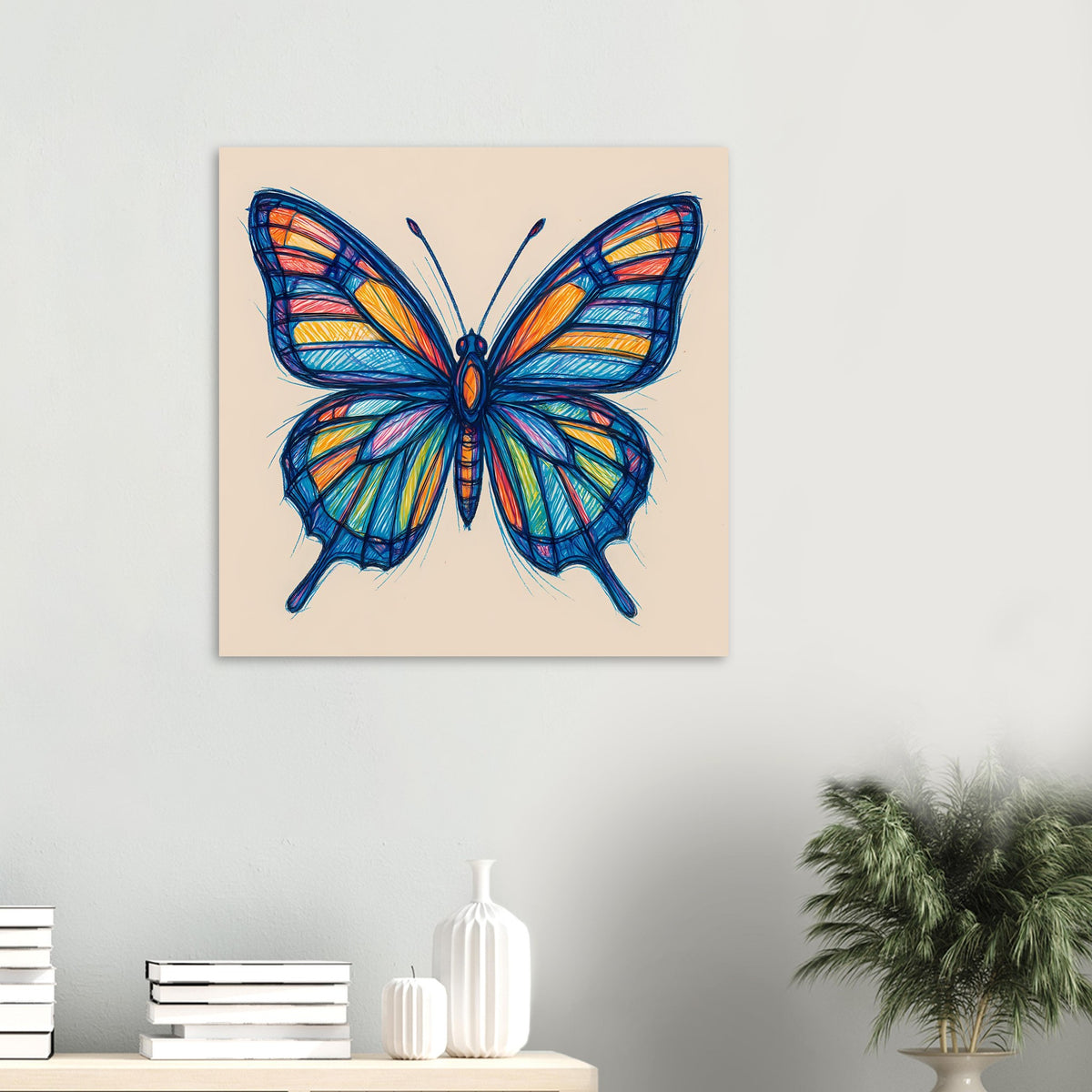 Gerahmtes Schmetterlingskunst-Poster mit farbigem Schmetterling in Blau, Orange und Grün.