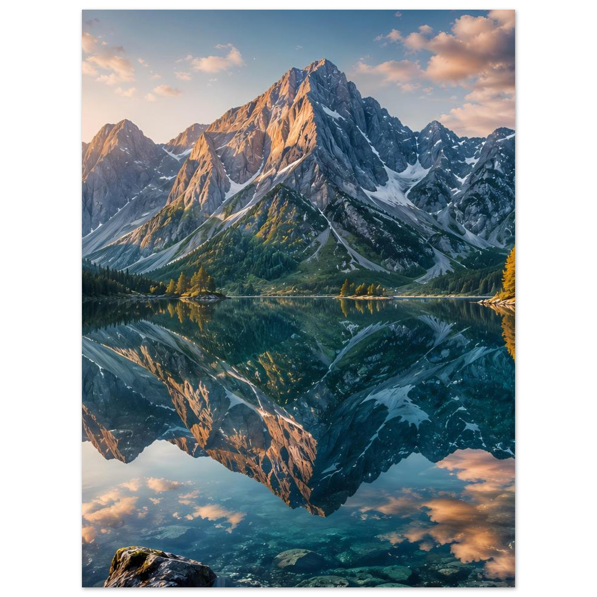 Poster mit Gebirgslandschaft und spiegelndem See, Hochformat, Berge im Abendlicht