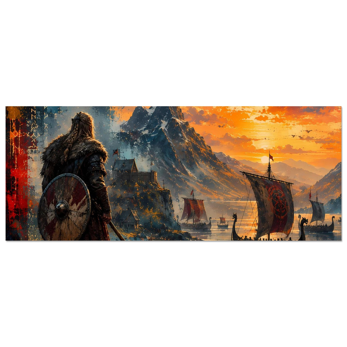 Querformat-Poster mit Wikingerkrieger und Segelschiffen im warmen Sonnenuntergang am Fjord