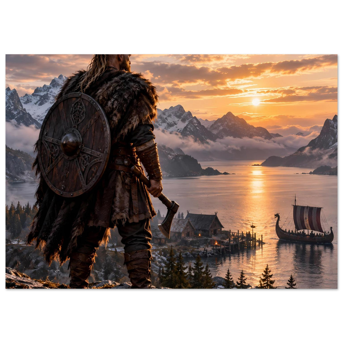 Wikinger-Poster mit Krieger und Rundschild, Fjordblick mit Langschiff und Häusern am Ufer
