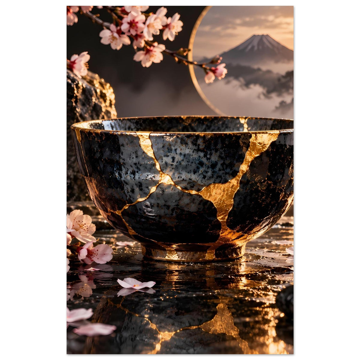 Kintsugi-Elegance-Poster als Ausschnitt: schwarze Schale mit goldenen Rissen und Kirschblüten