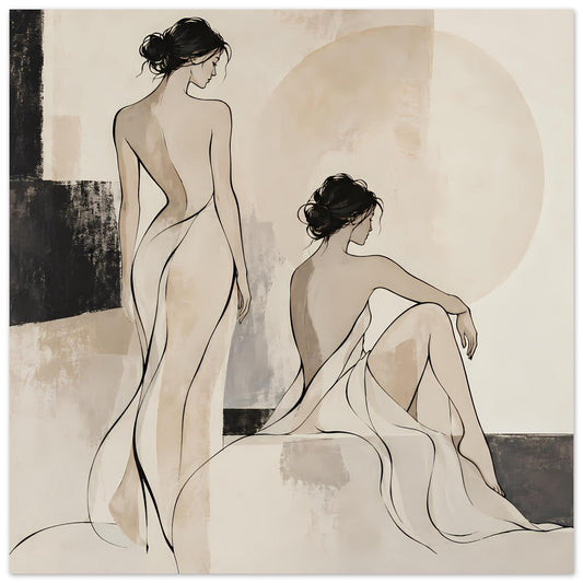 Kunstposter mit minimalistischem Akt: zwei Frauenfiguren in Creme/Beige, schwarze Konturen