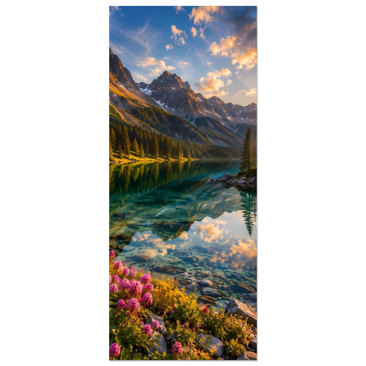 Vertikales Kunstdruckposter mit Berglandschaft: Fluss, Spiegelung, Fichten und pinke Blumen