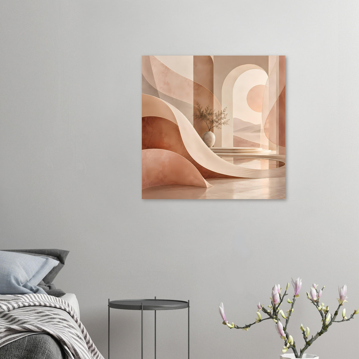 Kleines, gerahmtes Poster im Querformat mit warmen Bögen und Sandhauch-Optik