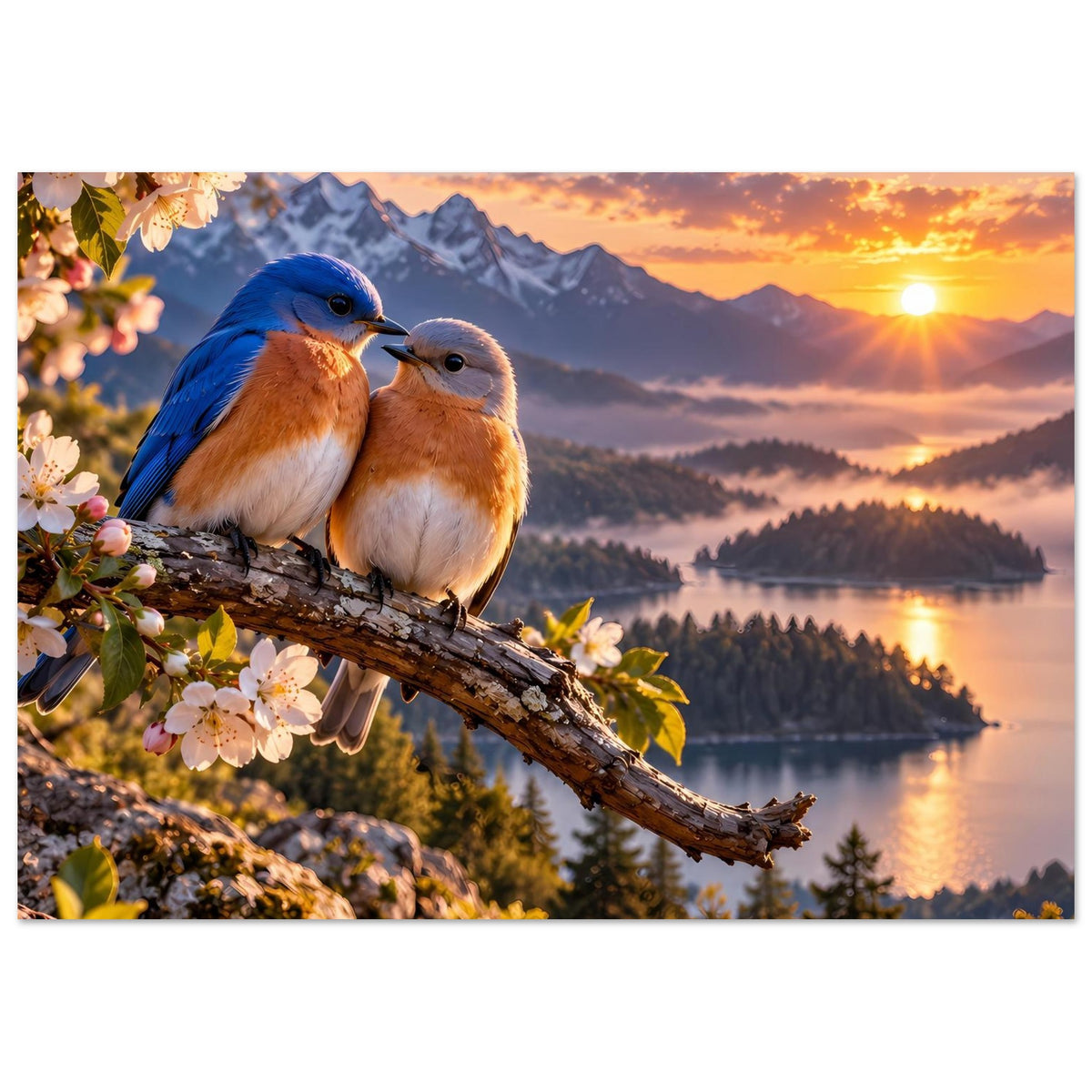 Poster mit zwei blauen und braunen Vögeln auf Ast, Sonnenuntergang über See