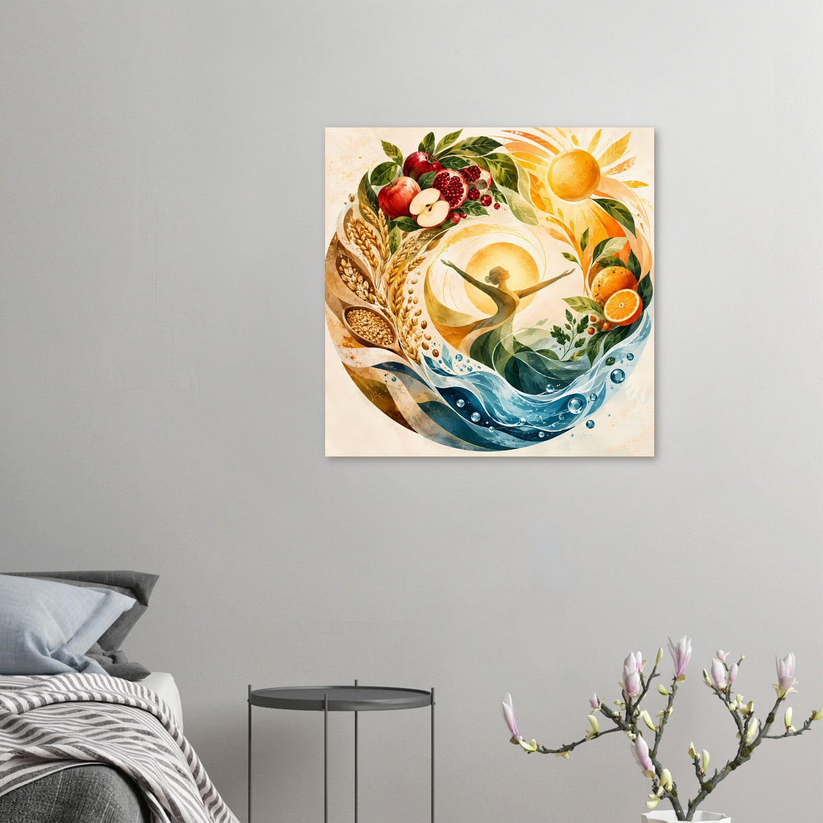 Naturposter mit Sonne und Wasserwellen, umgeben von Erntefrüchten, Weizen und Blättern