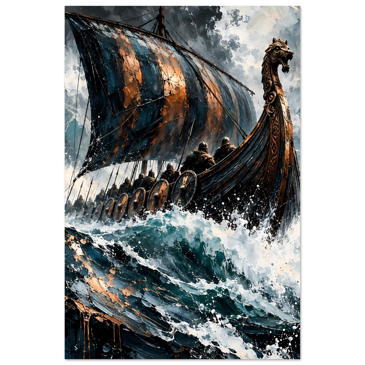 Vertikales Poster: Wikingerschiff mit Segel und Kriegerfigur am Bug, stürmische See