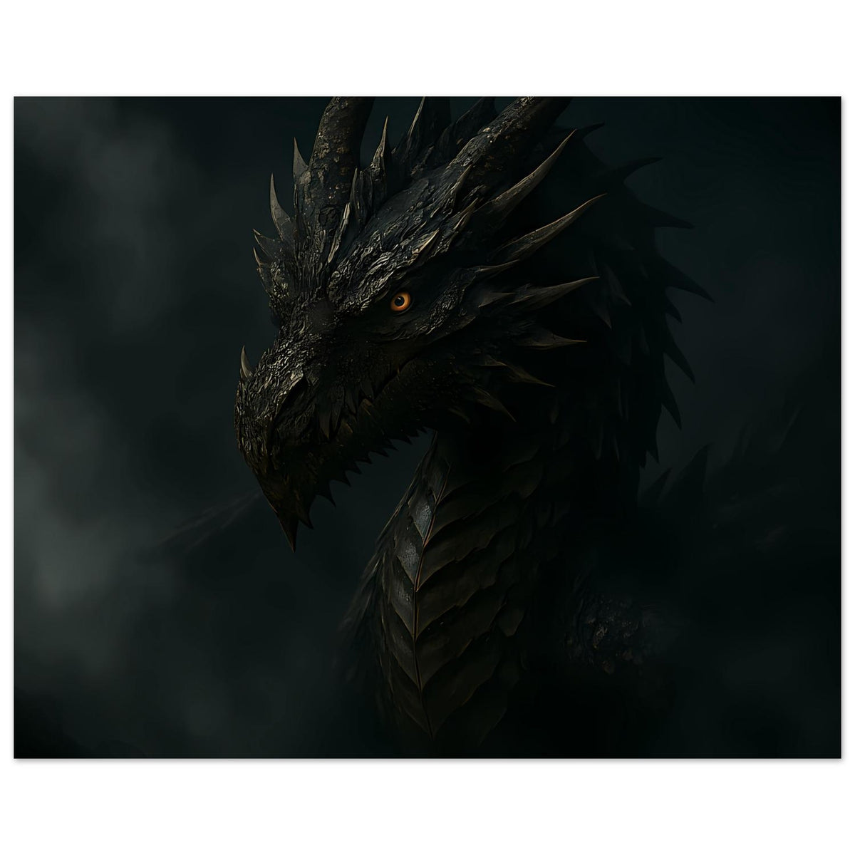 Fantasy-Poster mit schwarzem Drachenkopf und orangefarbenem Auge, im Querformat