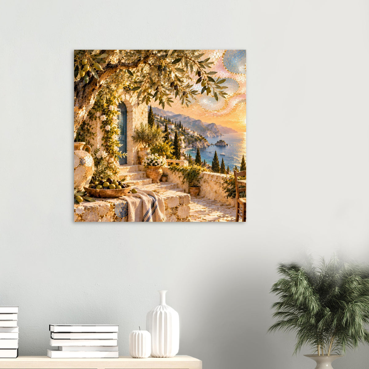 Mosaikkunst-Print: mediterraner Treppenweg mit Olivenhainen und goldenem Blätterdach