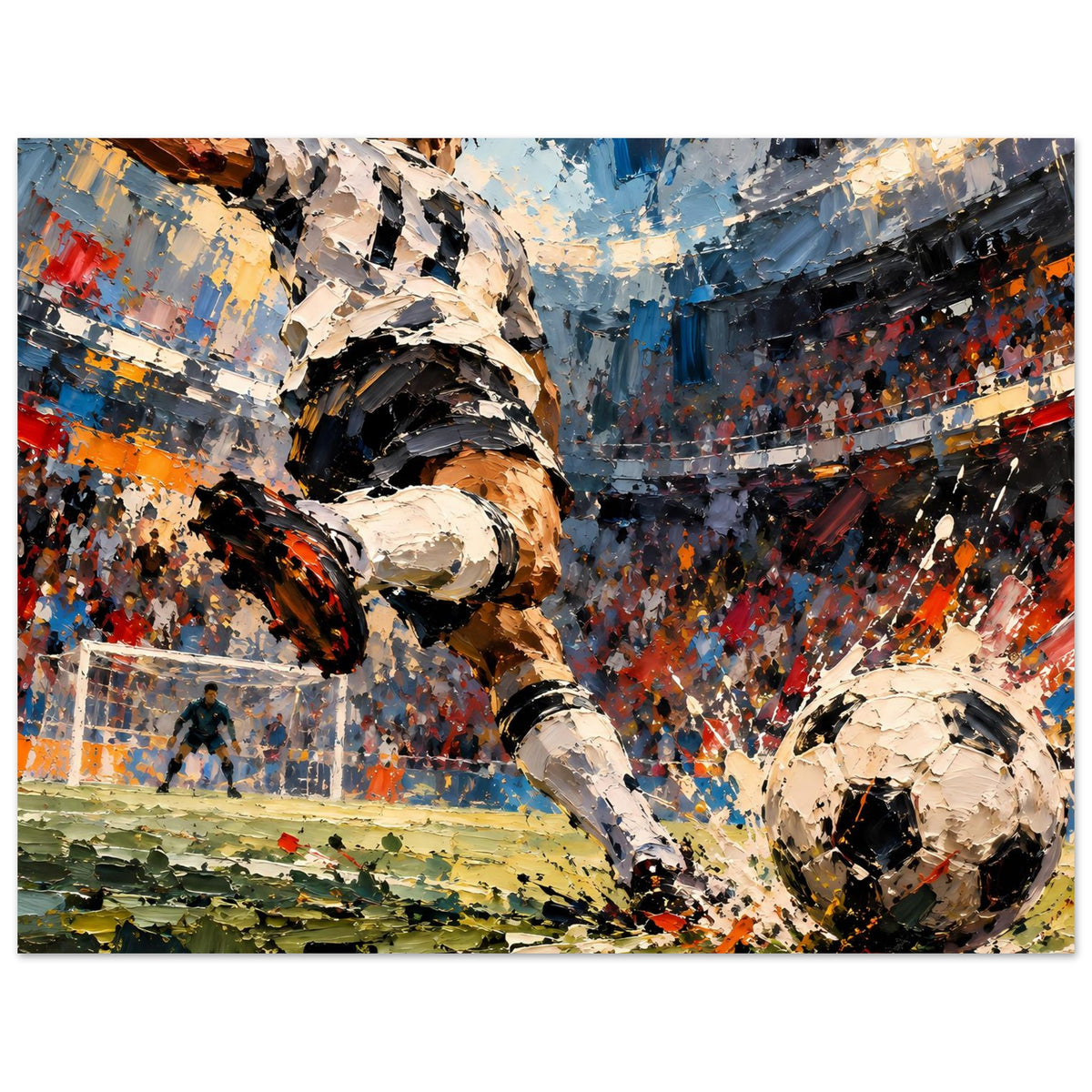 Fußball-Actionposter mit Kicker links, Ball im Vordergrund rechts, Stadionpublikum im Malstil