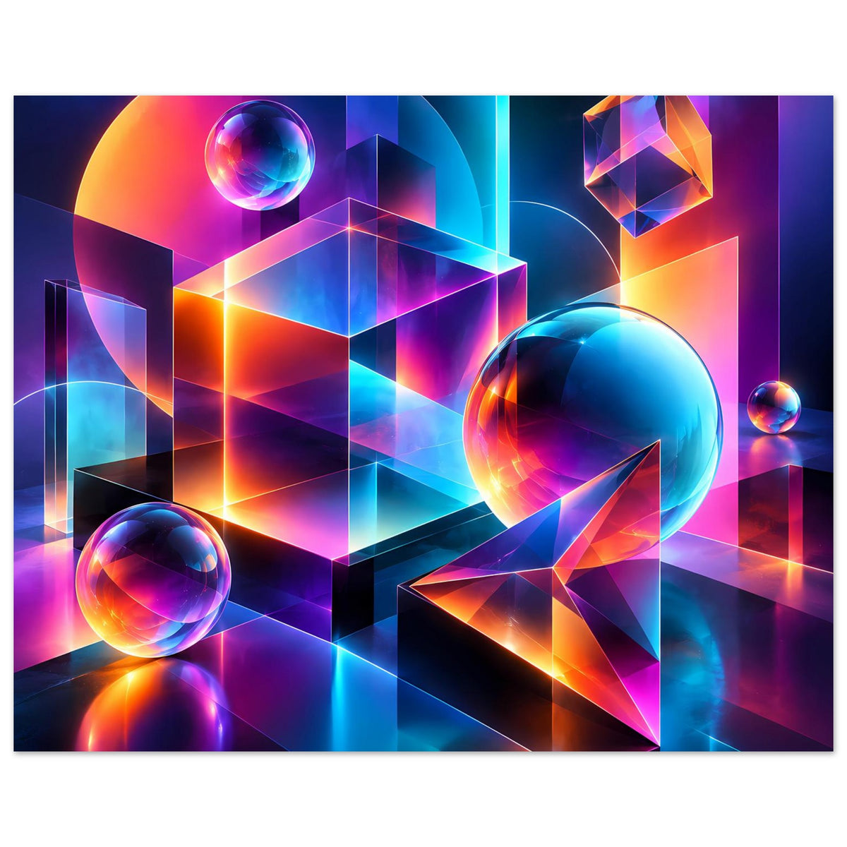 Neon-Geometrieposter mit 3D-Würfeln, Glaskugeln und farbigen Lichtkanten