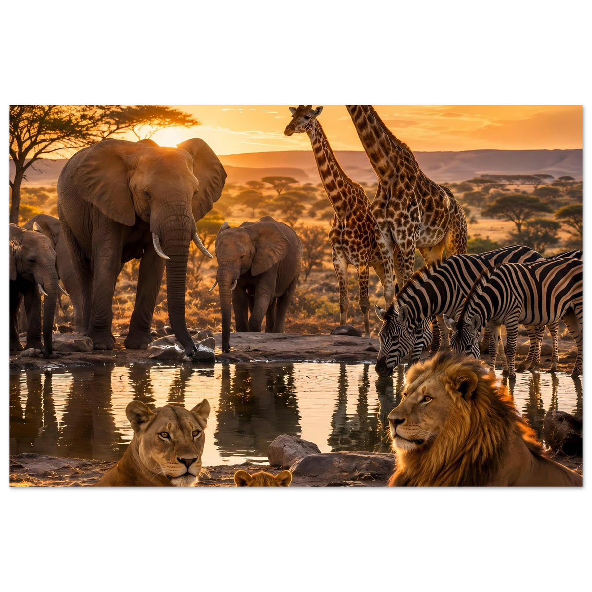 Poster im Querformat mit Elefanten, Giraffen, Zebras und Löwen an einer Wasserstelle
