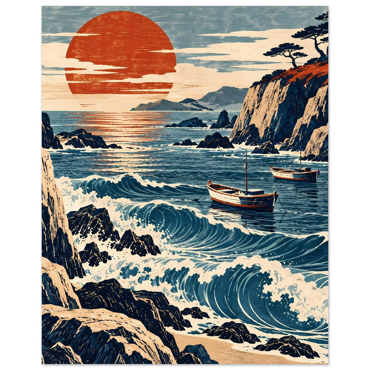 Vertikales Küstenwellen-Sonnenuntergangs-Poster mit Booten, Wellen und Felsklippen.
