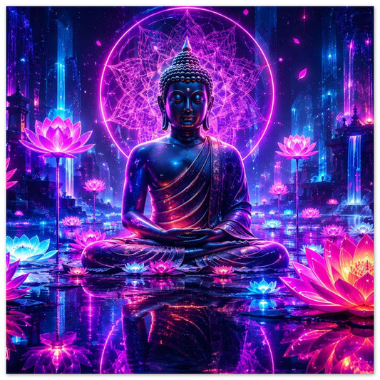 Neonfarbener Buddha im Lotussitz mit leuchtendem Kreis im Hintergrund und Lotusblüten