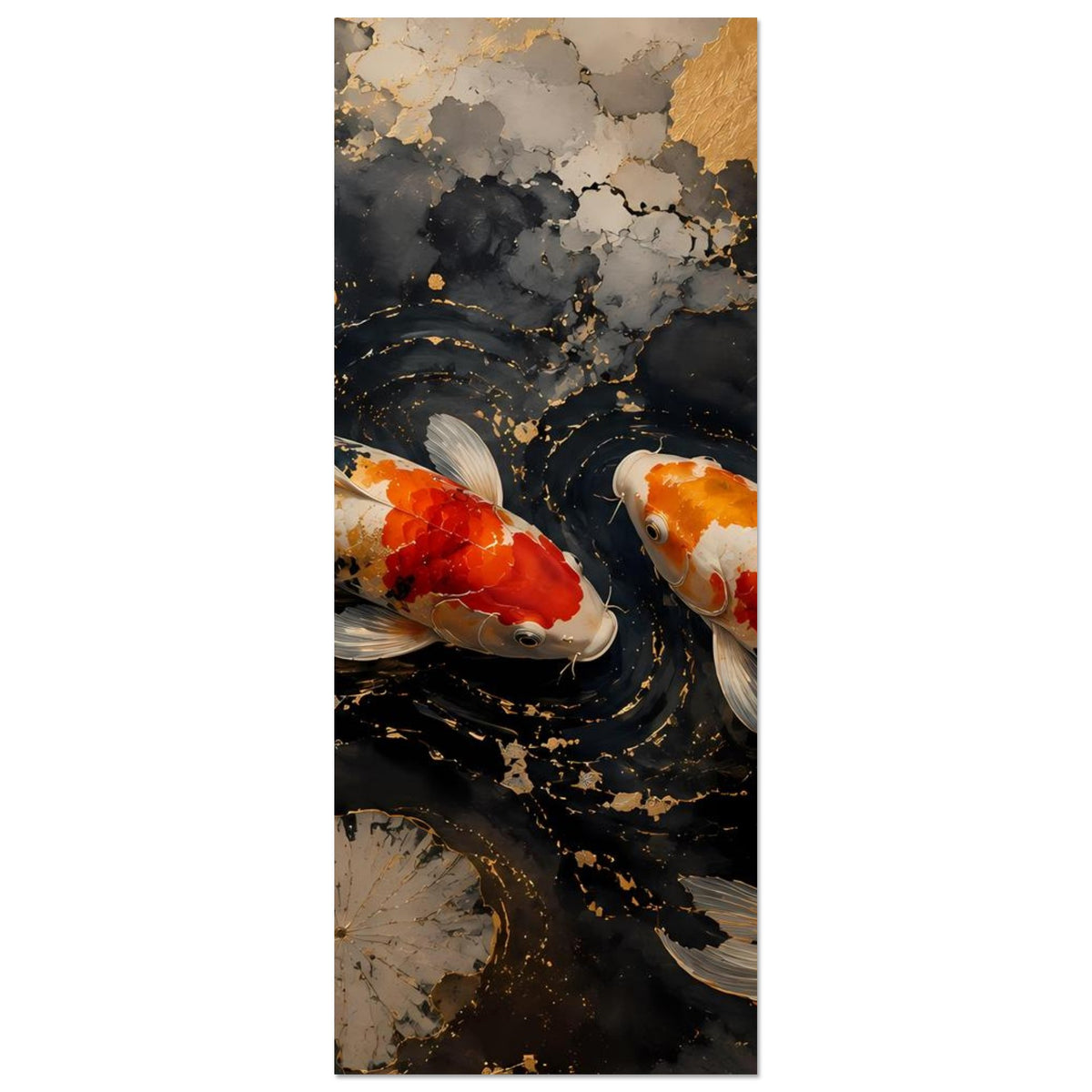 Poster im Hochformat mit zwei Koi-Fischen im schwarzen Wasser, goldene Sprenkel