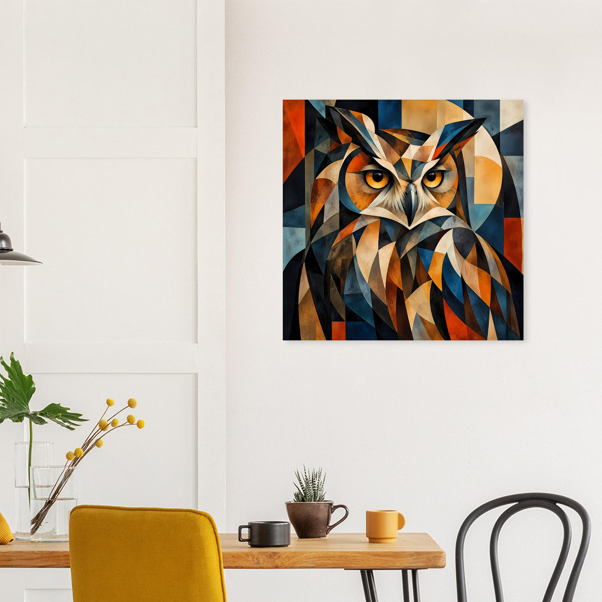 Abstraktes Eulen-Tierposter mit geometrischen Formen und kontrastreichen Blau-Orange-Tönen